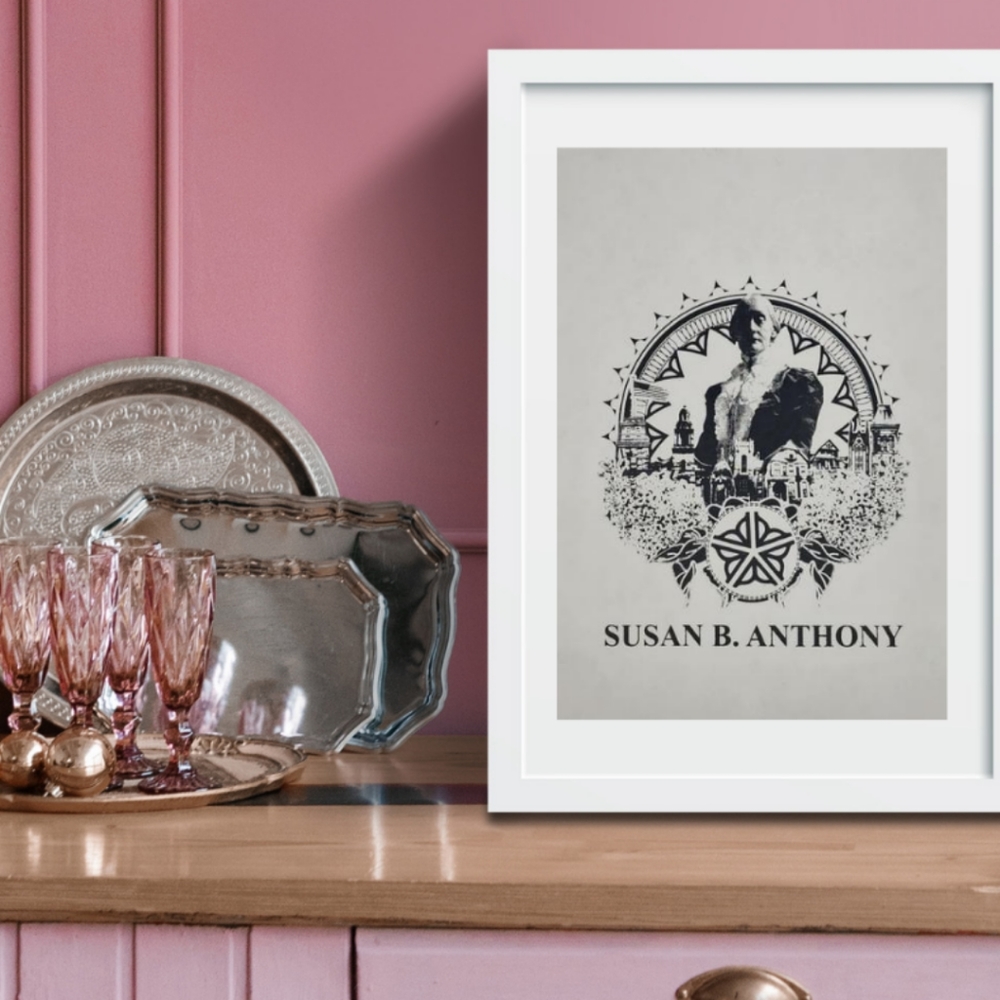 Susan B. Anthony Graphic Print. Screen-printed by hand. Black & White 19" x 13"